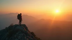 Hátizsákos utazó hegyi napfelkelte