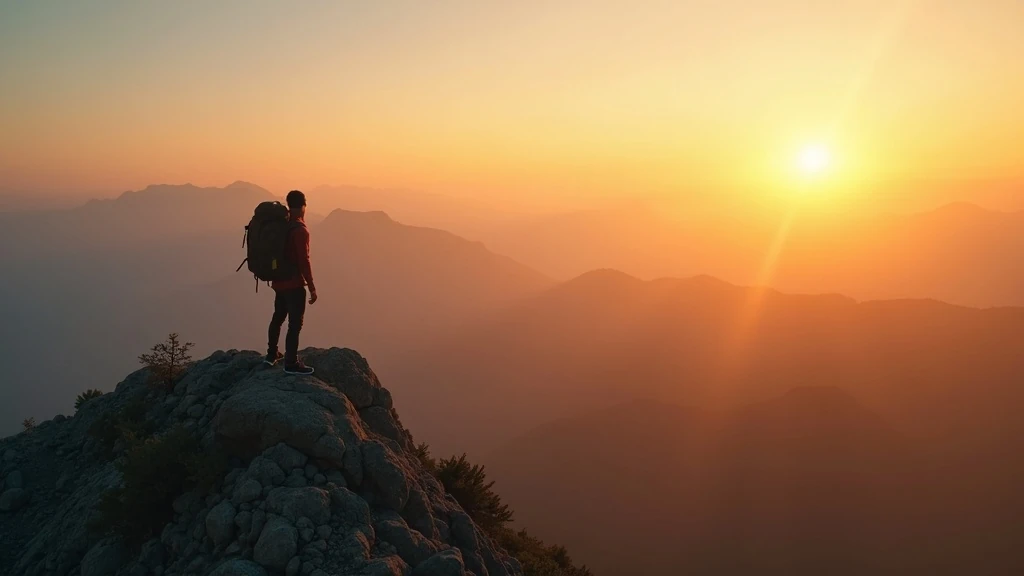 Hátizsákos utazó hegyi napfelkelte
