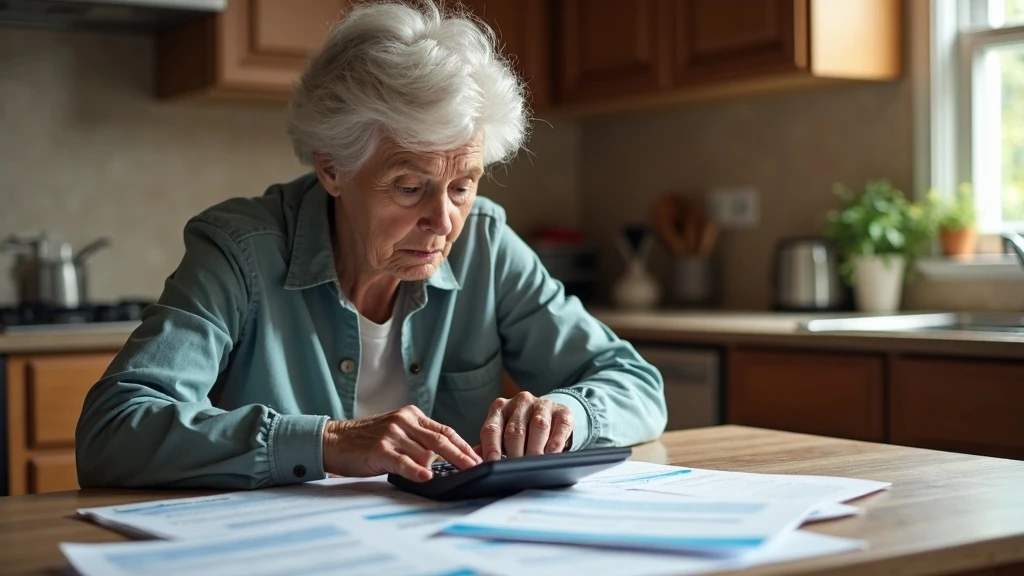 Adócsapdák átgondolása konyhában Nyugdíjas asszony adópapírokkal tanakodik